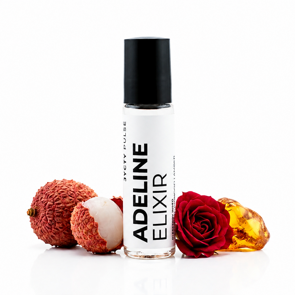 A clear cylindrical bottle labeled 'ADELINE ELIXIR' with a black cap, styled on a white surface with lychee fruits, a red rose, and a translucent amber crystal around it.