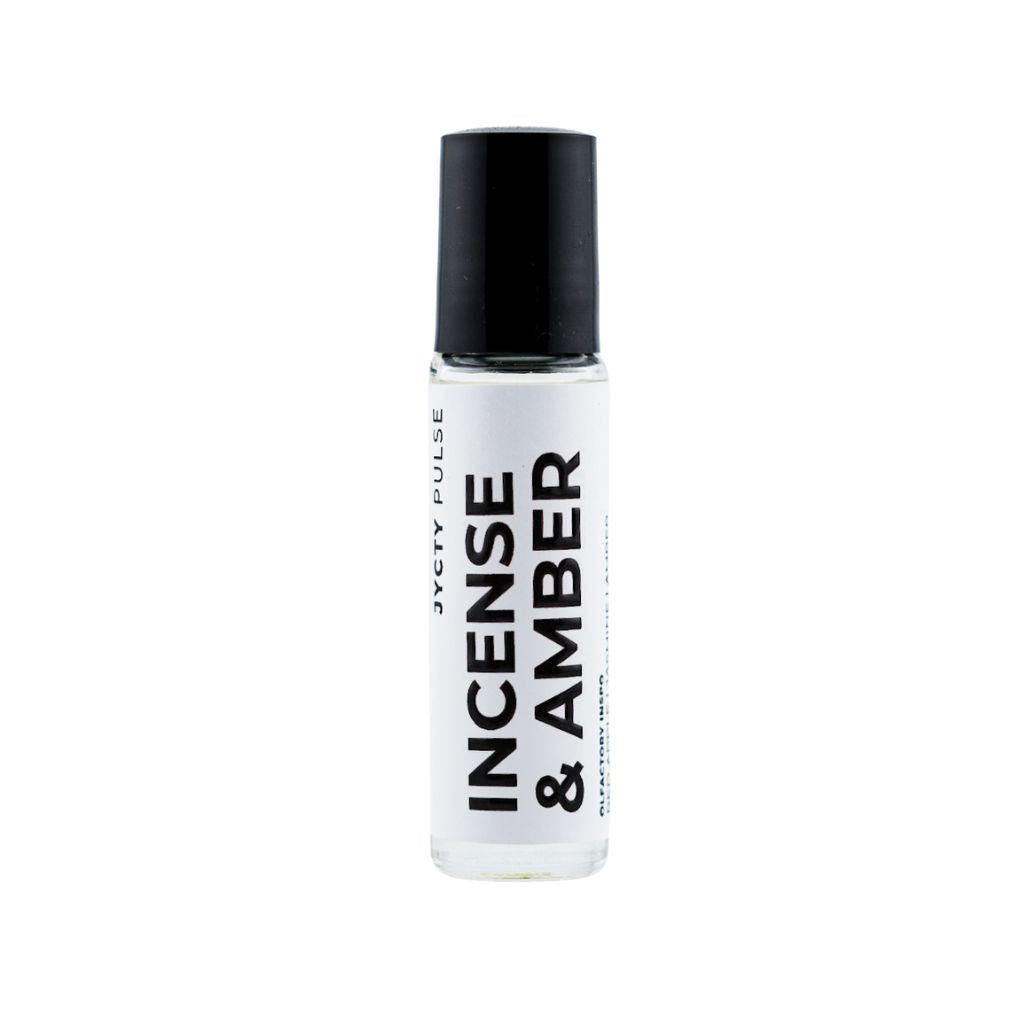 Roll-on perfume oil bottle labeled 'Incense & Amber' on a white background