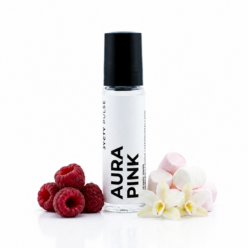 A clear cylindrical bottle with a black cap labeled 'AURA PINK' and 'JCYTY PULSE' vertically, styled with raspberries on the left and pale pink flowers on the right, on a white background.