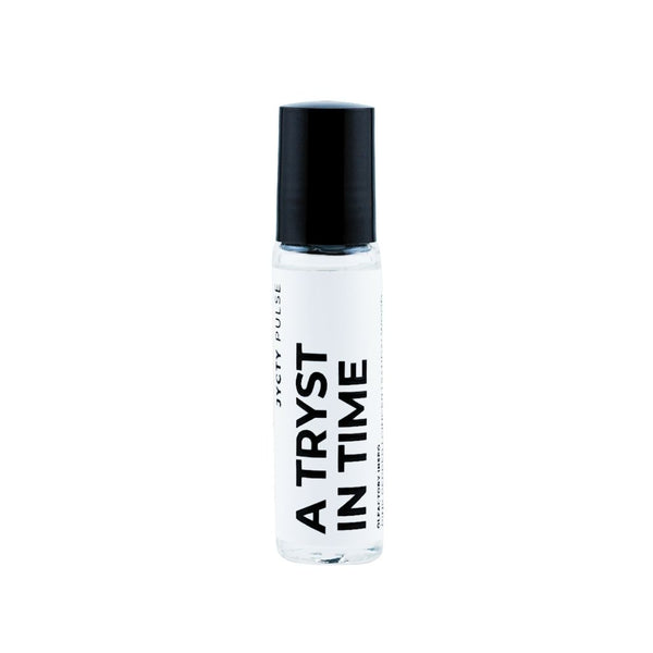 Small bottle with black cap and white label on a white background