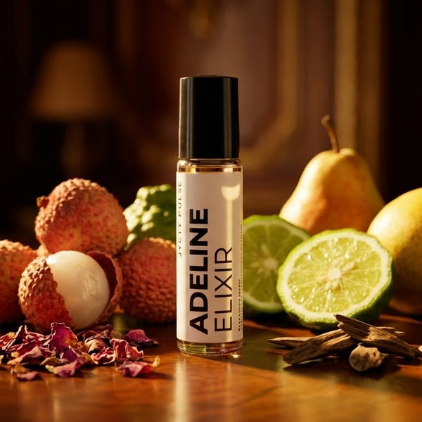 Adeline Elixir perfume oil bottle on a wooden surface with fruits and flowers