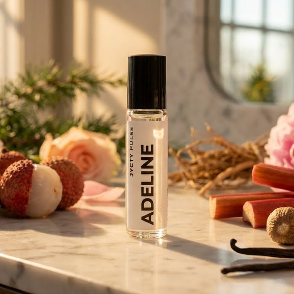 Adeline rollerball on a marble surface with flowers and fruits