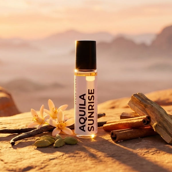 Aqua Sunrise perfume oil bottle with vanilla beans and sandalwood on a desert background. vegan and cruelty free perfume oil for men