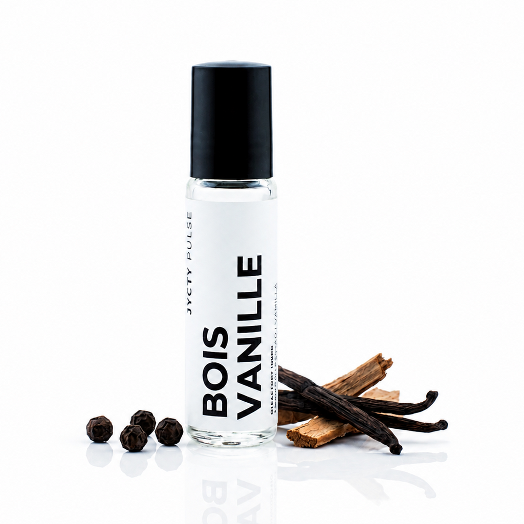 A clear cylindrical roller bottle with a black cap and a white label reading 'BOIS VANILLE' in black text. The bottle is photographed on a clean white background with vanilla beans and whole black peppercorns placed beside it.