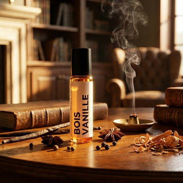 Bois Vanille huile de parfum bottle on a wooden table with books and a fireplace in the background