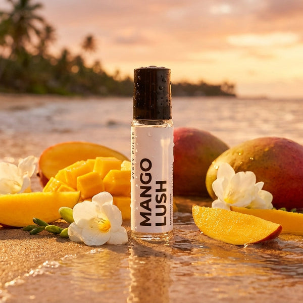 Mango Lush perfume oil on a beach with mangoes and flowers