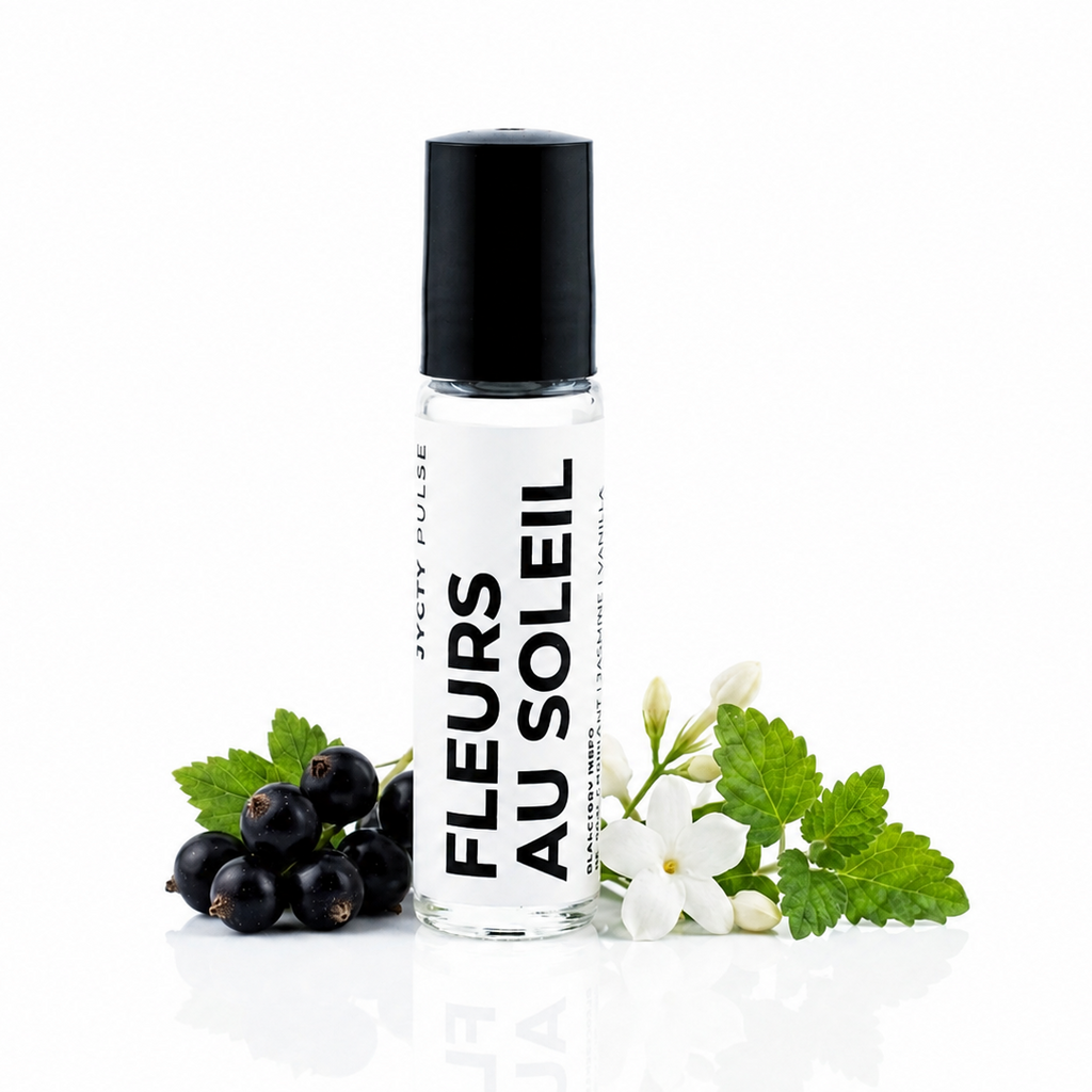 A clear glass roller bottle with a black cap labeled 'FLEURS AU SOLEIL' and 'JYCTY PULSE', styled with blackcurrants and white flowers on a clean white background.