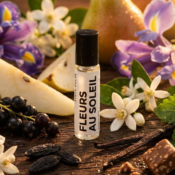 Roll-on bottle of 'Fleurs de Soleil' with flowers and fruits on a wooden surface