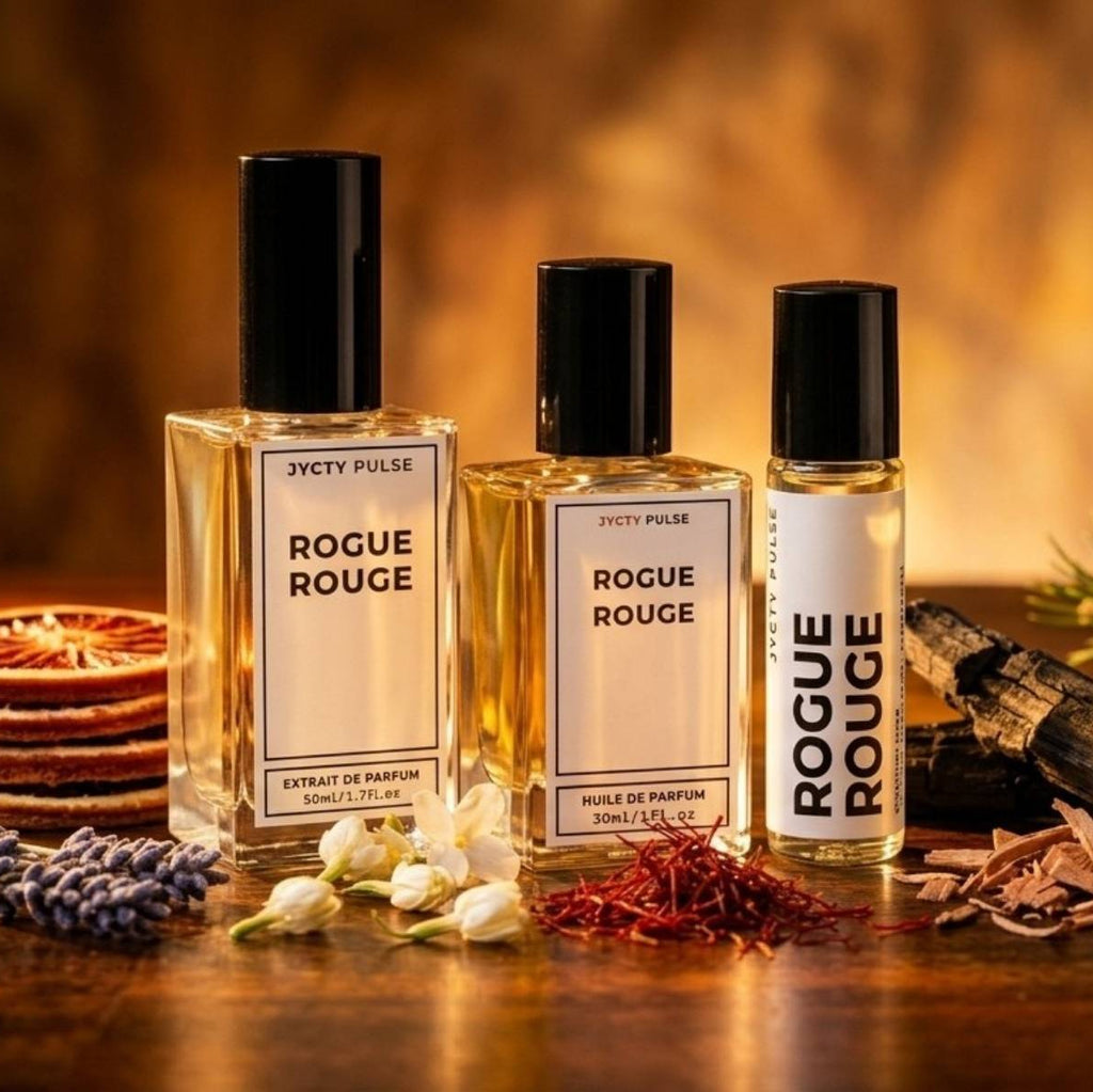 Three 'Rouge Rouge' perfume bottles on a wooden surface with decorative elements.