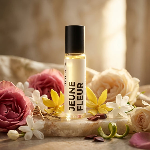 10ml Roll-on bottle of 'Jeune Fleur' with flowers and petals on a marble surface