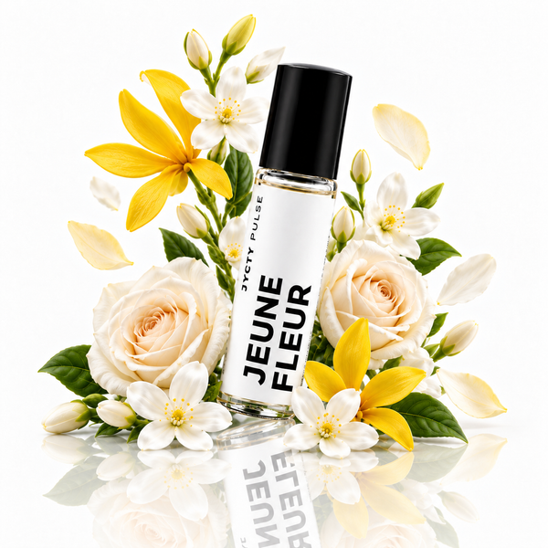 A clear glass rollerball perfume bottle with a black cap and a white label reading 'JEUNE FLEUR' and 'JYCTY PULSE', surrounded by white and yellow flowers on a clean white background with a reflective surface below.