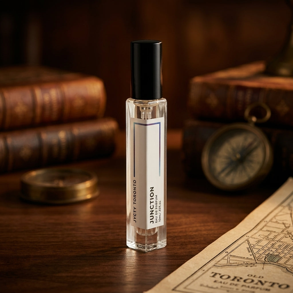 PERFUME BOTTLE JUNCTION 10ML ON DESK WITH COMPASS