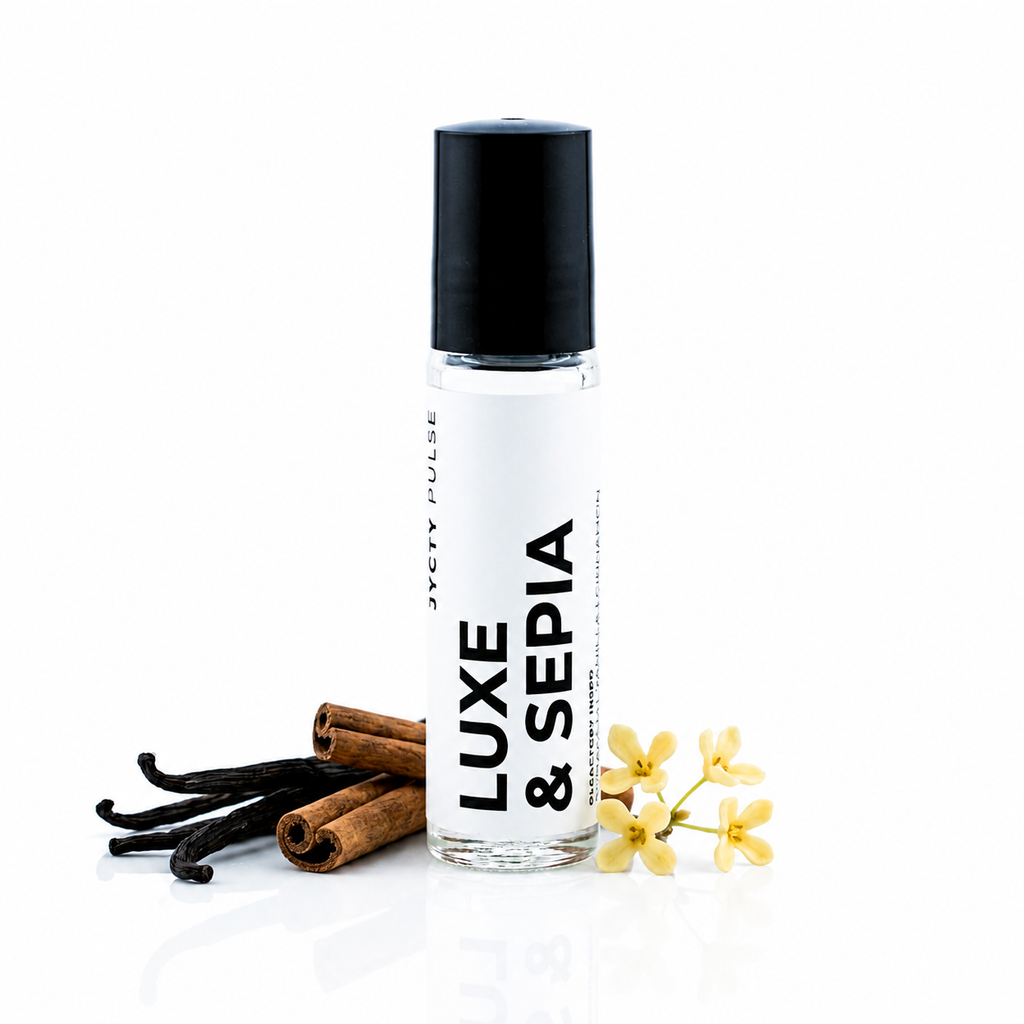 A clear glass roller bottle with a black cap and a white label reading 'LUXE & SEPIA' by JYCTY styled with cinnamon sticks, vanilla beans, and small yellow flowers on a white background.