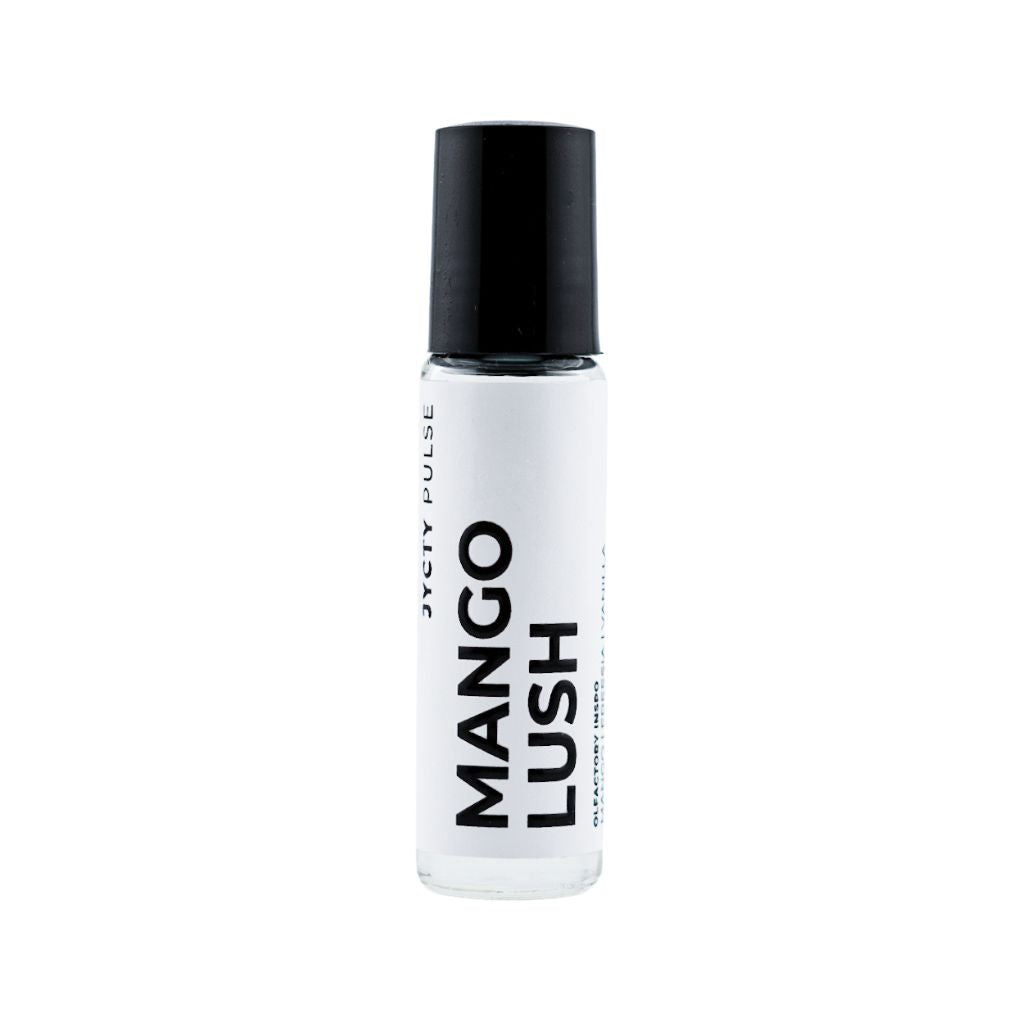 Mango Lush perfume oil bottle with black cap on a white background