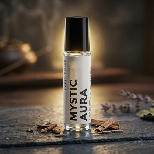 Mystic Aura rollerball on a dark surface with dried herbs and a blurred background