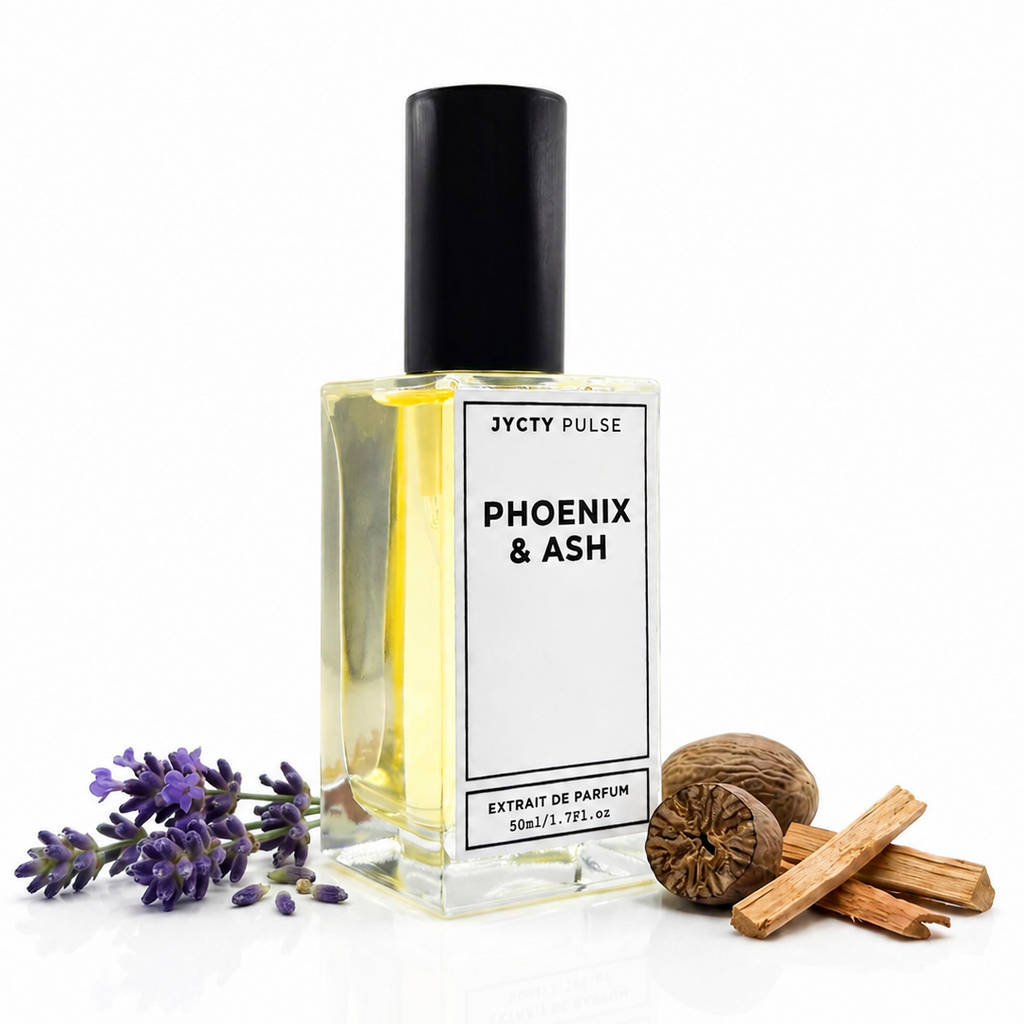 A clear glass perfume bottle with a black cap and a white label reading 'JYCTY PULSE PHOENIX & ASH', filled with pale yellow liquid. The bottle is styled with lavender sprigs, a nutmeg, and cinnamon sticks on a clean white background.