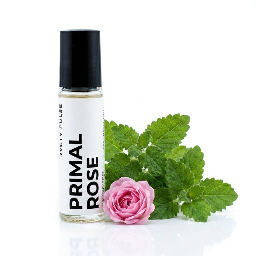 A clear glass roller bottle with a black cap labeled 'PRIMAL ROSE' and 'JYCTY PULSE', shown on a white background next to green mint leaves and a pink rose.