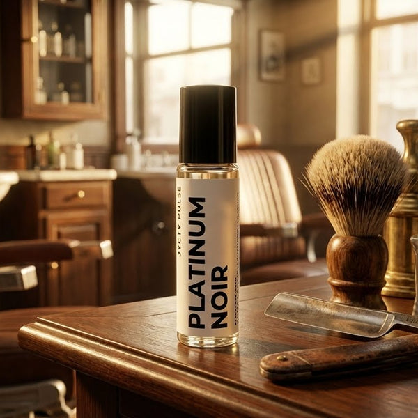 Platinum Noir cologne oil roll-on Shaving products on a wooden table in a barbershop setting