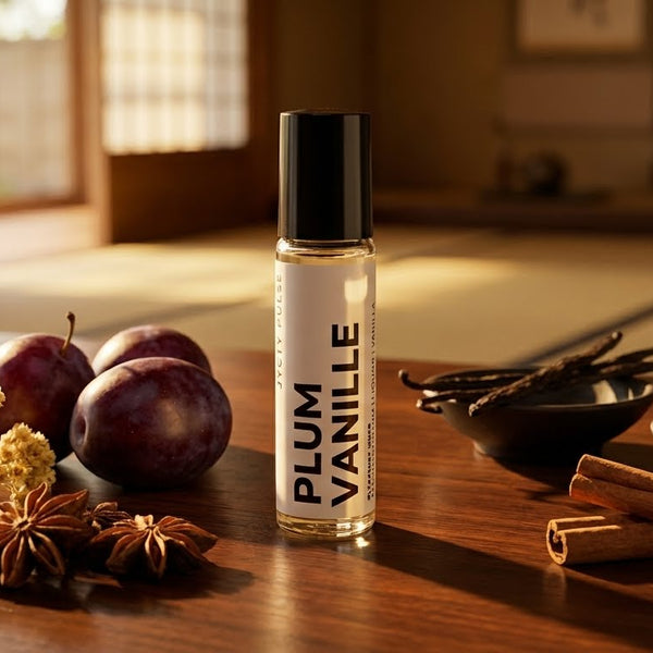 Plum Vanille perfume oil bottle on a wooden surface with plums and spices