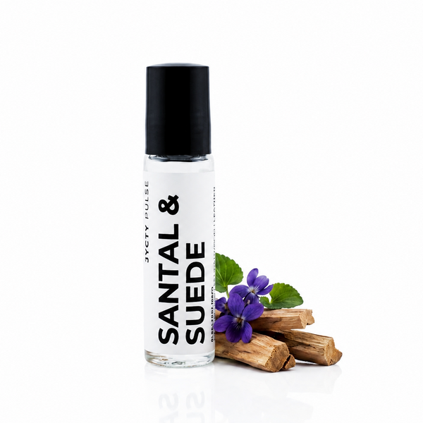 A clear glass roll-on bottle with a black cap labeled 'SANTAL & SUEDE' by 'JYCTY', shown on a white background with purple flowers and wooden bark pieces beside it.