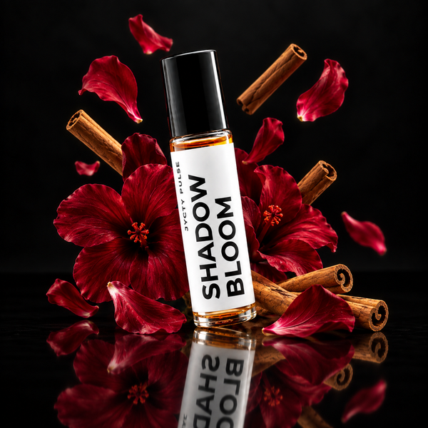 A clear glass roller bottle with a black cap and a white label reading 'SHADOW BLOOM', surrounded by red flowers, petals, cinnamon sticks, and floating petals on a black reflective background.