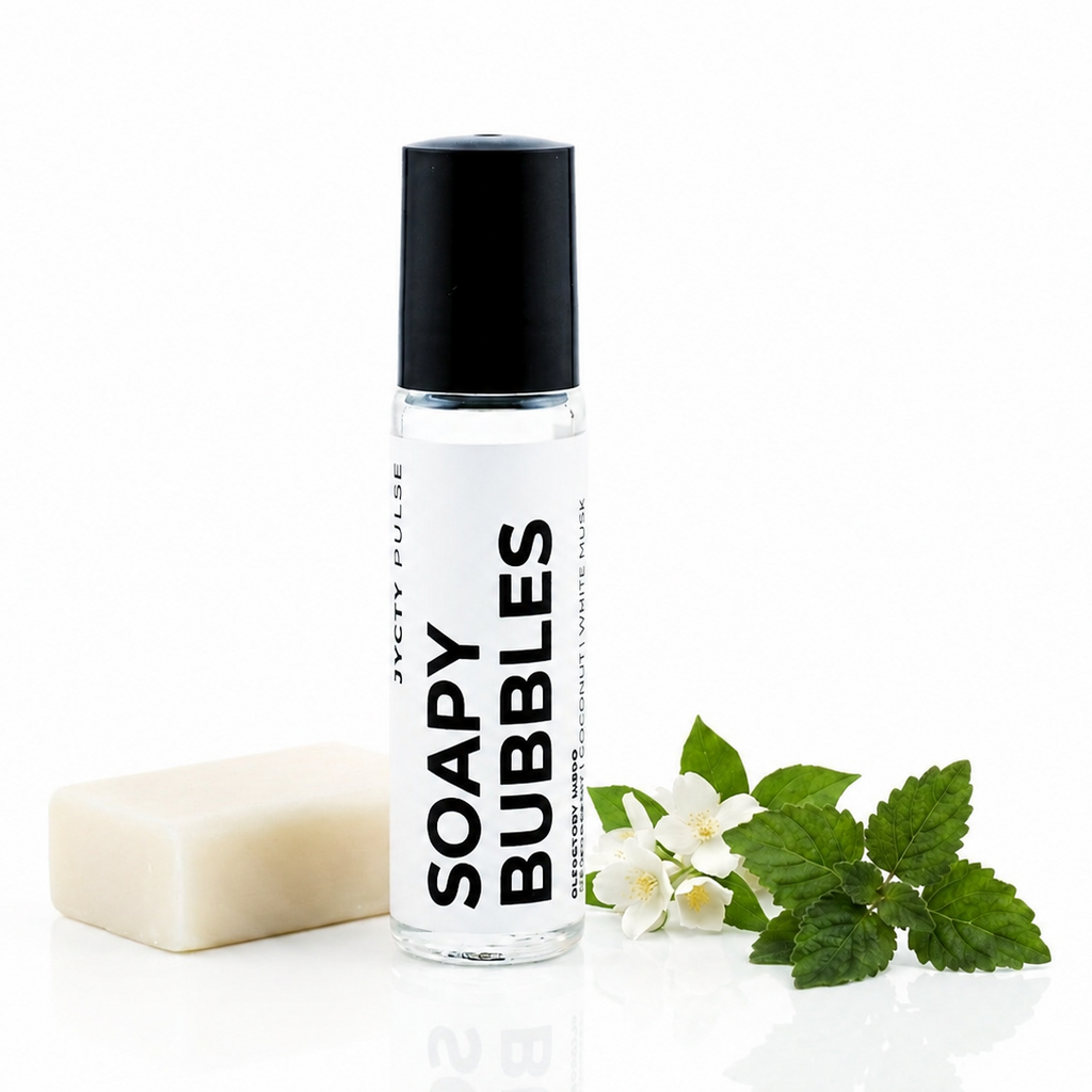A clear cylindrical 10ML ROLL ON perfume bottle labeled 'SOAPY BUBBLES' with a black cap stands on a white surface, alongside a pale soap bar and green leaves with small white flowers. The brand name 'JYCTY PULSE' is visible on the bottle.