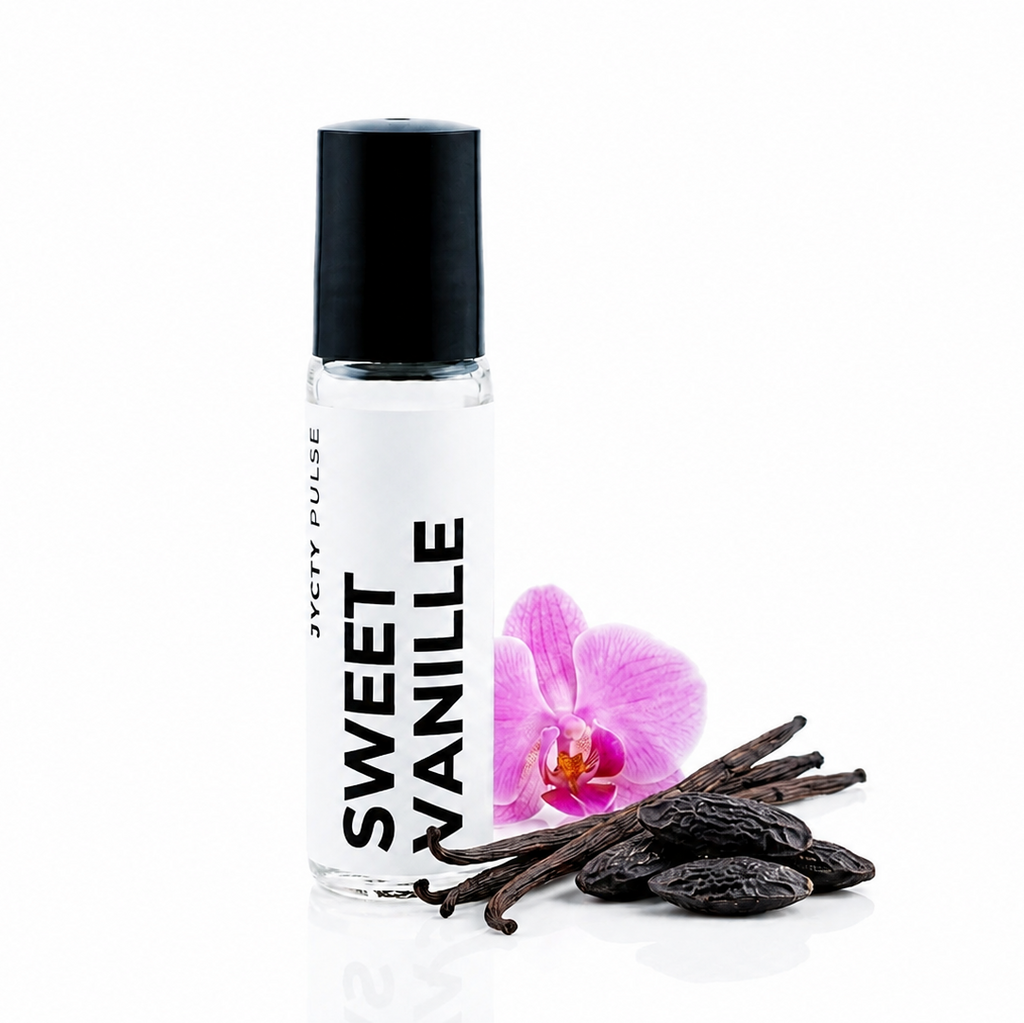 A clear cylindrical roller bottle with a black cap and a white label reading 'SWEET VANILLE' and 'JYCTY PULSE', shown on a white background with vanilla beans, a pink orchid flower, and dark chocolate pieces beside it.