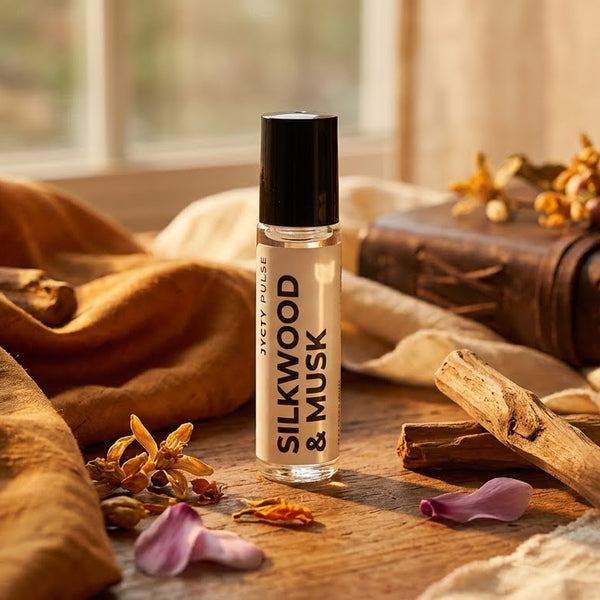 Silkwood Musk rollerball on a wooden surface with fabric and flowers in the background