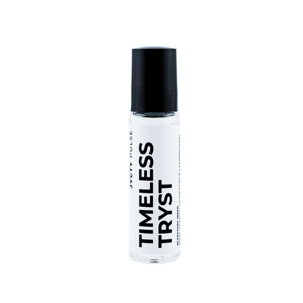 Small bottle with black cap and 'Timeless Tryst' text on a white background