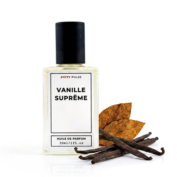 A bottle of 30ml Pulse Vanille Suprème perfume with a black cap and white label, styled with vanilla beans and dried leaves on a white background.